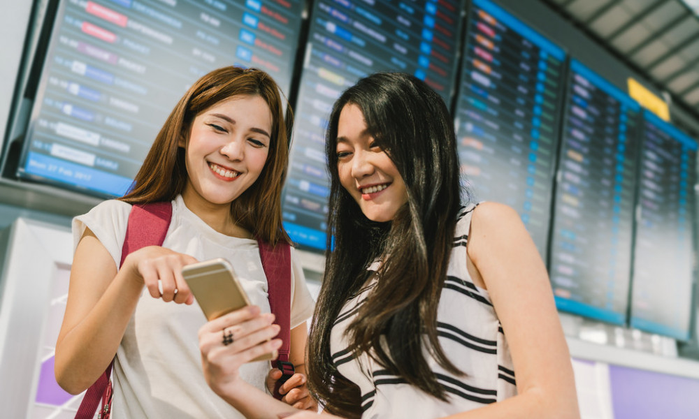 Students at flight information board