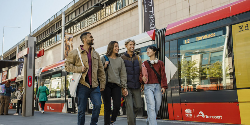 students enjoying themselves walking by tram in Sydney